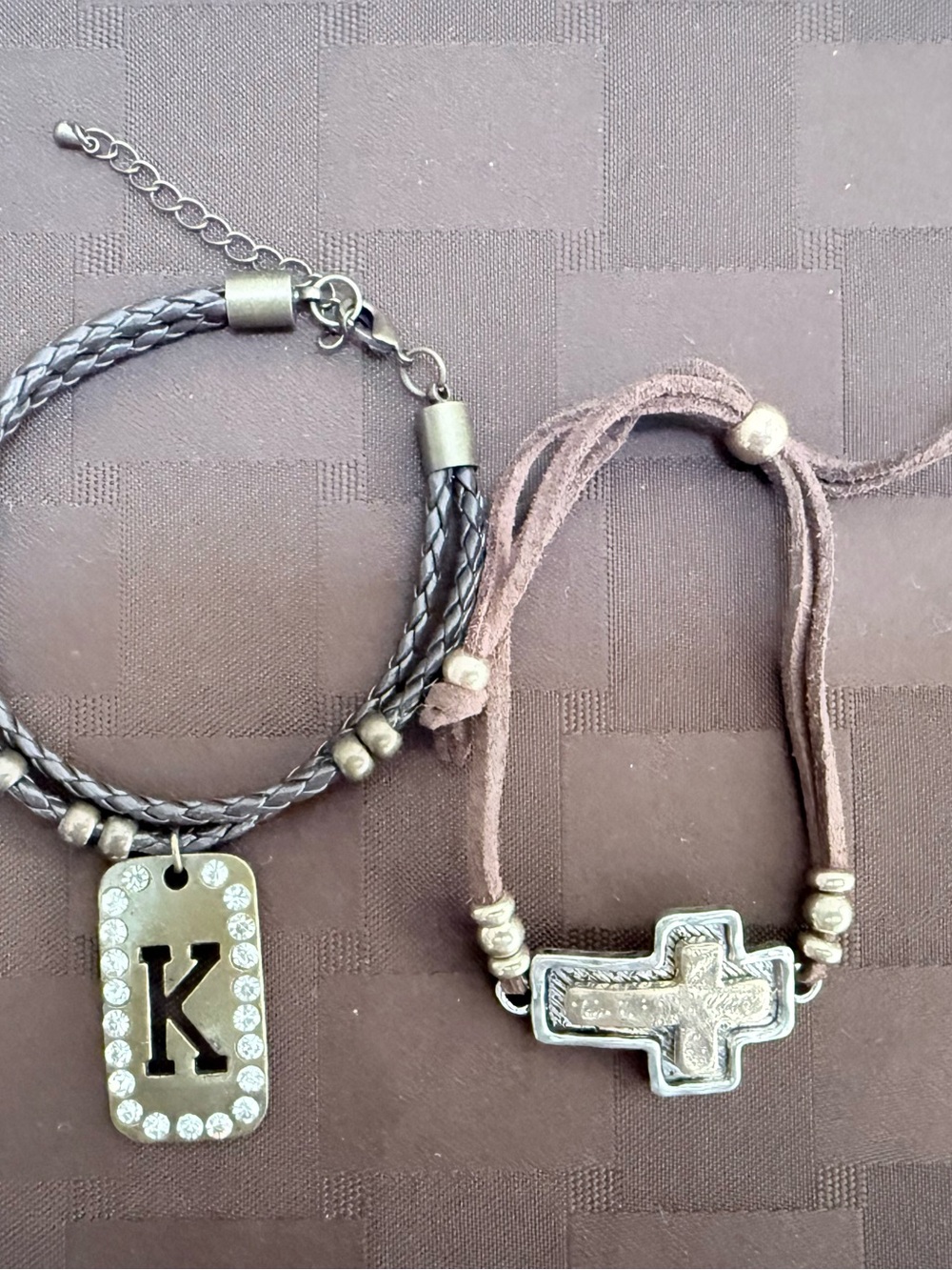 2pc Boho Bracelet Lot - Braided
"K" Initial & Layered Cross Cord